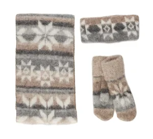 Brushed wool headband, scarf and mittens with 8 Petalled Rose pattern