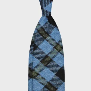 F.Marino Tweed Tie 3 Folds Plaid Checks Sky Blue