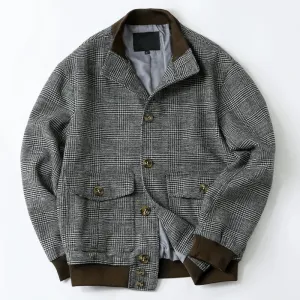 Men's Tweed Bomber Jacket Houndstooth Pattern Military Style