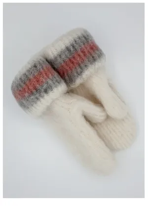 Brushed Wool Mittens - White with pink and grey stipes