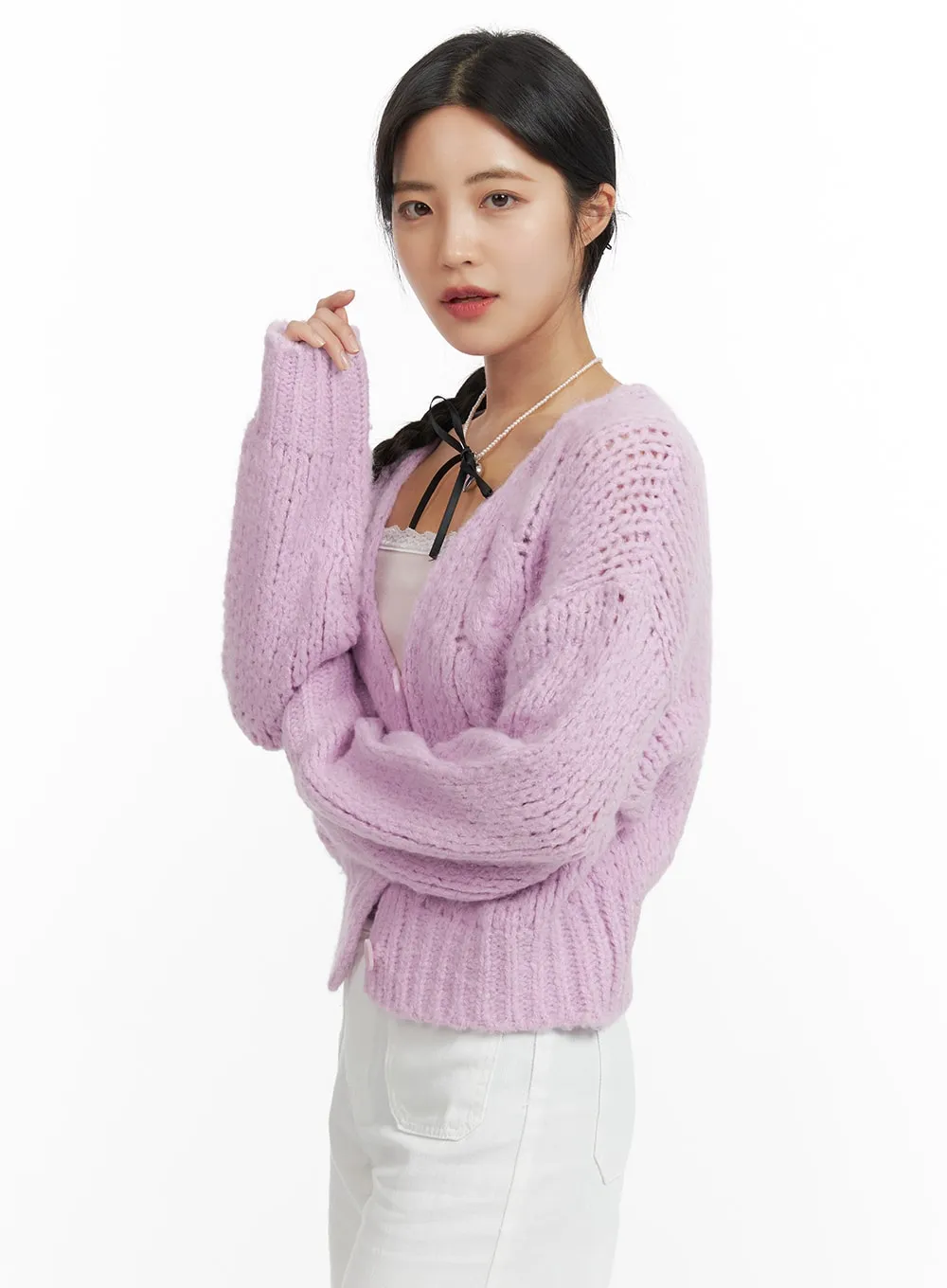 Cable Knit Solid Cardigan OF416