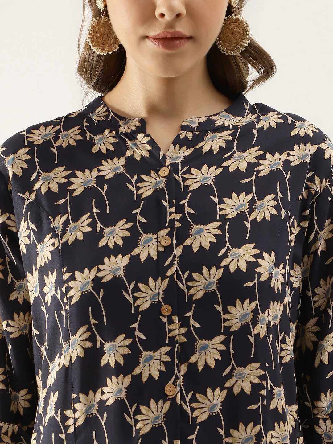 Floral Printed Rayon Shirt Type Top For Women