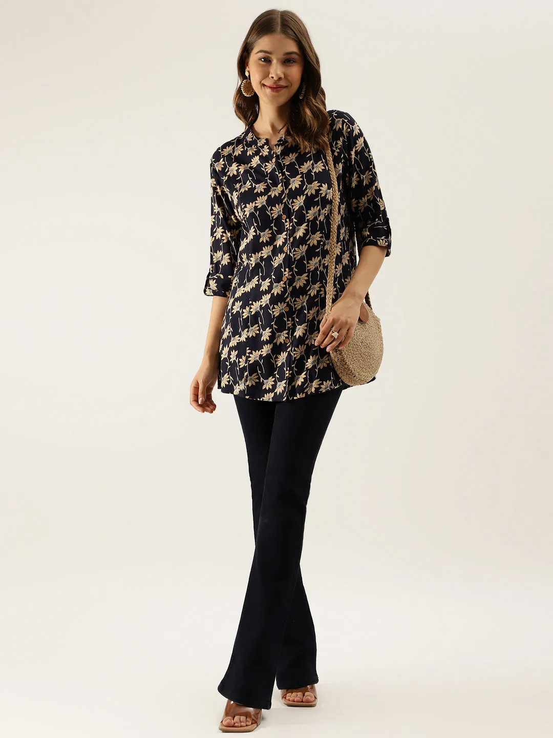 Floral Printed Rayon Shirt Type Top For Women