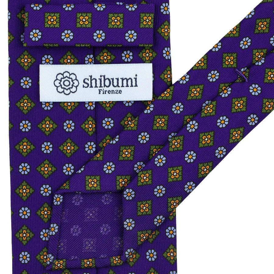 Floral Printed Silk Tie - Royal Purple - Hand-Rolled