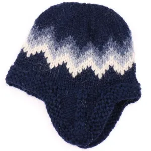 Handknit Wool Hat with ear flaps - Blue / White