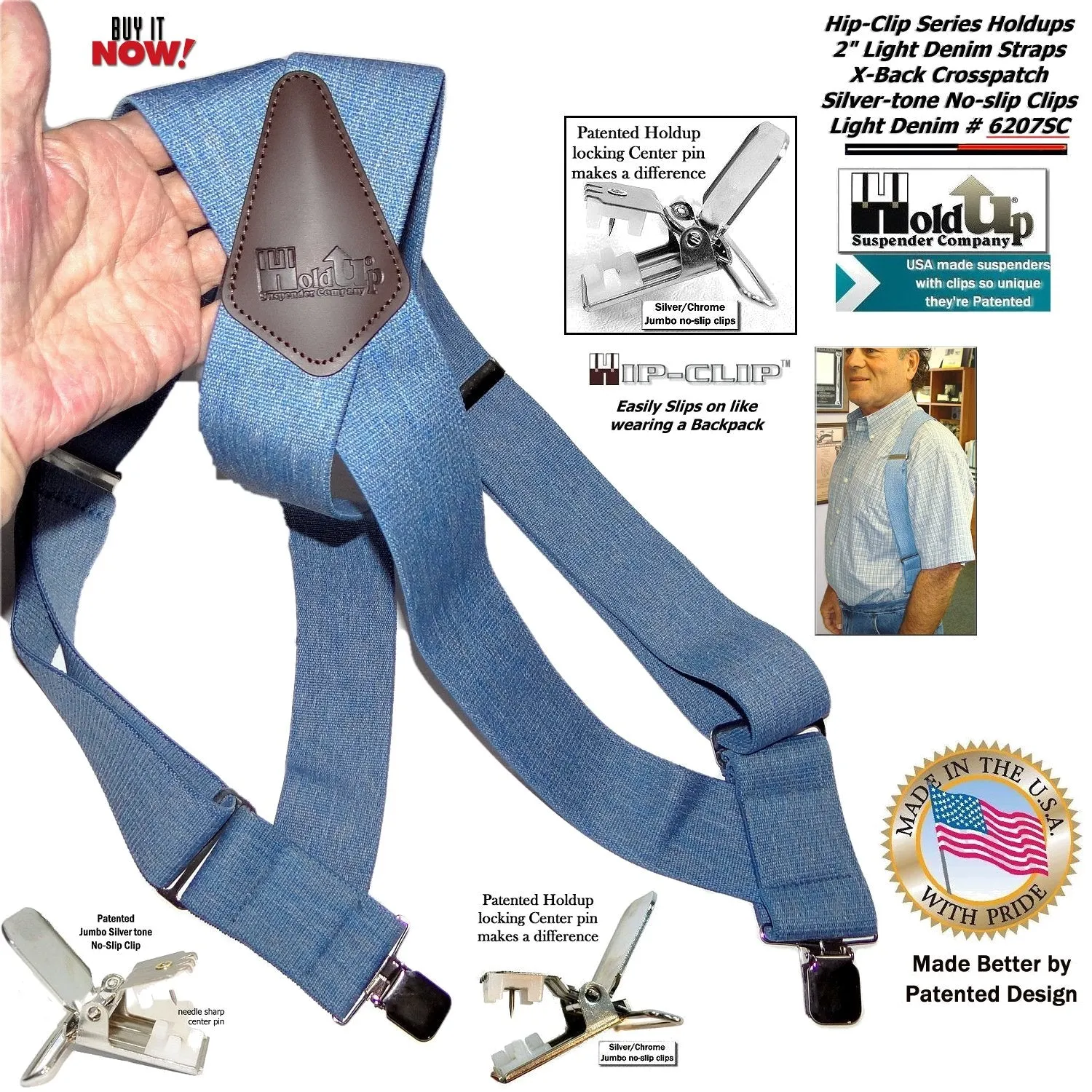 Holdup Brand Light Blue Denim Trucker Style 2" Wide Hipclip Suspenders with Patented Jumbo No-slip Clips