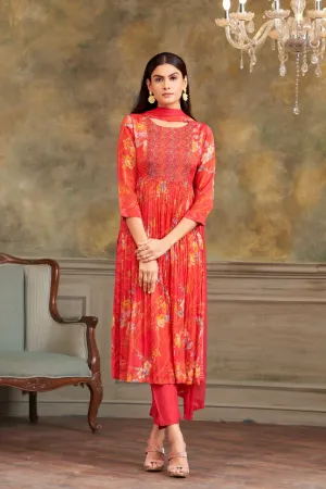 Imperial Red Floral Printed Chinon Silk Pants Set