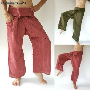 INCERUN 2019 Men Thai Fisherman Pants Striped Cotton Joggers Loose Casual Yoga-pants Workout Pockets Wide Leg Trousers Men S-5XL