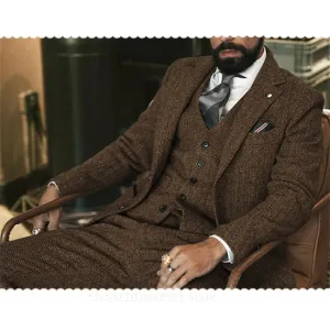 (Jacket  Vest  Pants) Gray Wool Tweed Winter Men Suit's For Wedding Herringbone Male Formal Groom Tuxedo Fashion 3 Piece