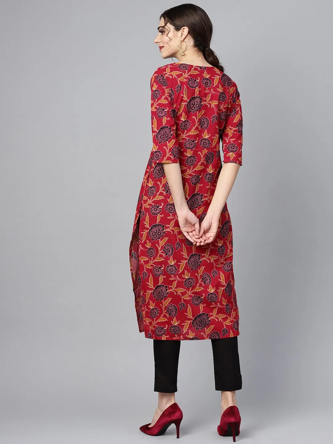 Maroon Floral Printed 3/4Th Sleeve Straight Kurta With Solid Black Cigerette Pants