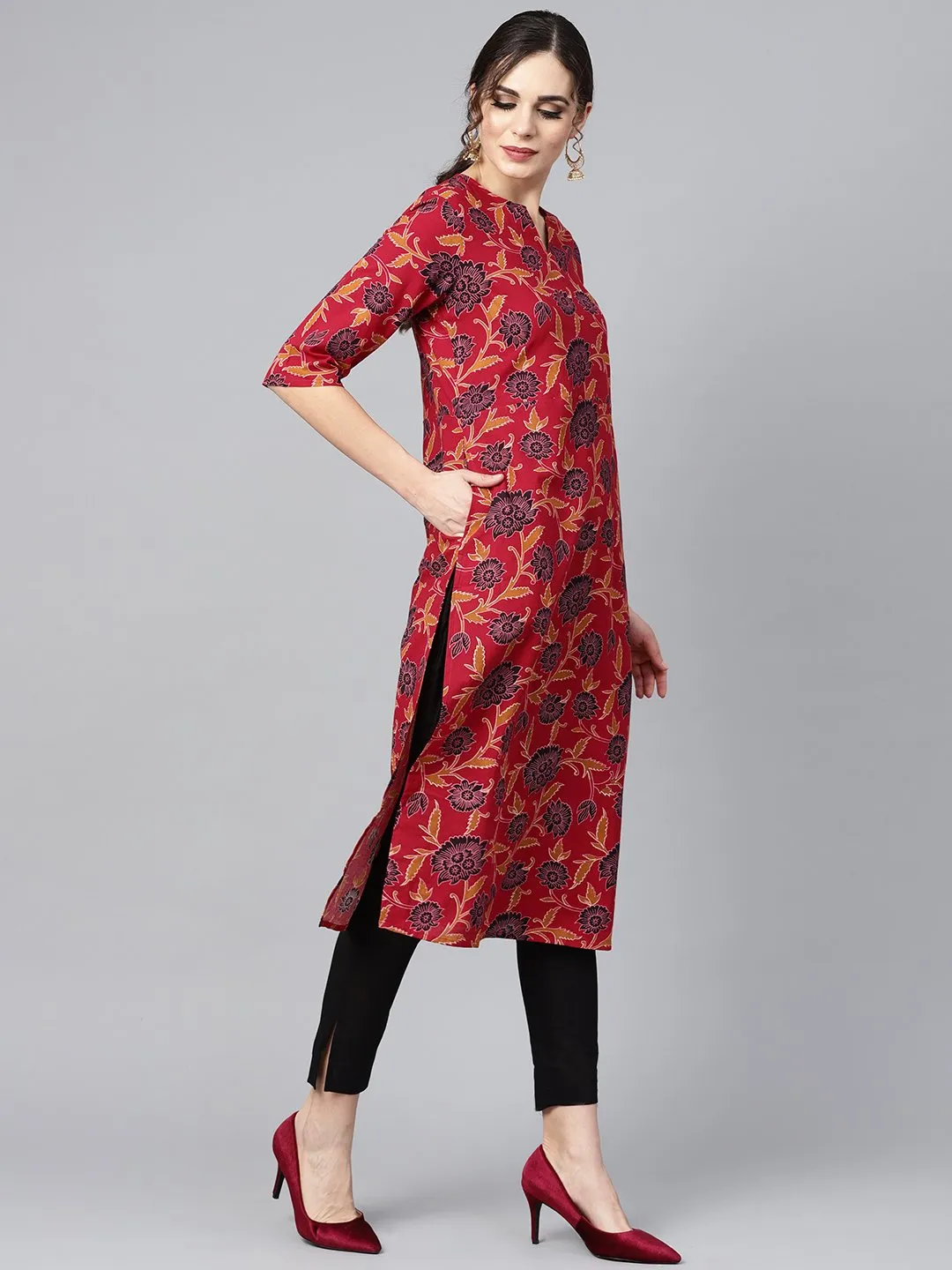 Maroon Floral Printed 3/4Th Sleeve Straight Kurta With Solid Black Cigerette Pants