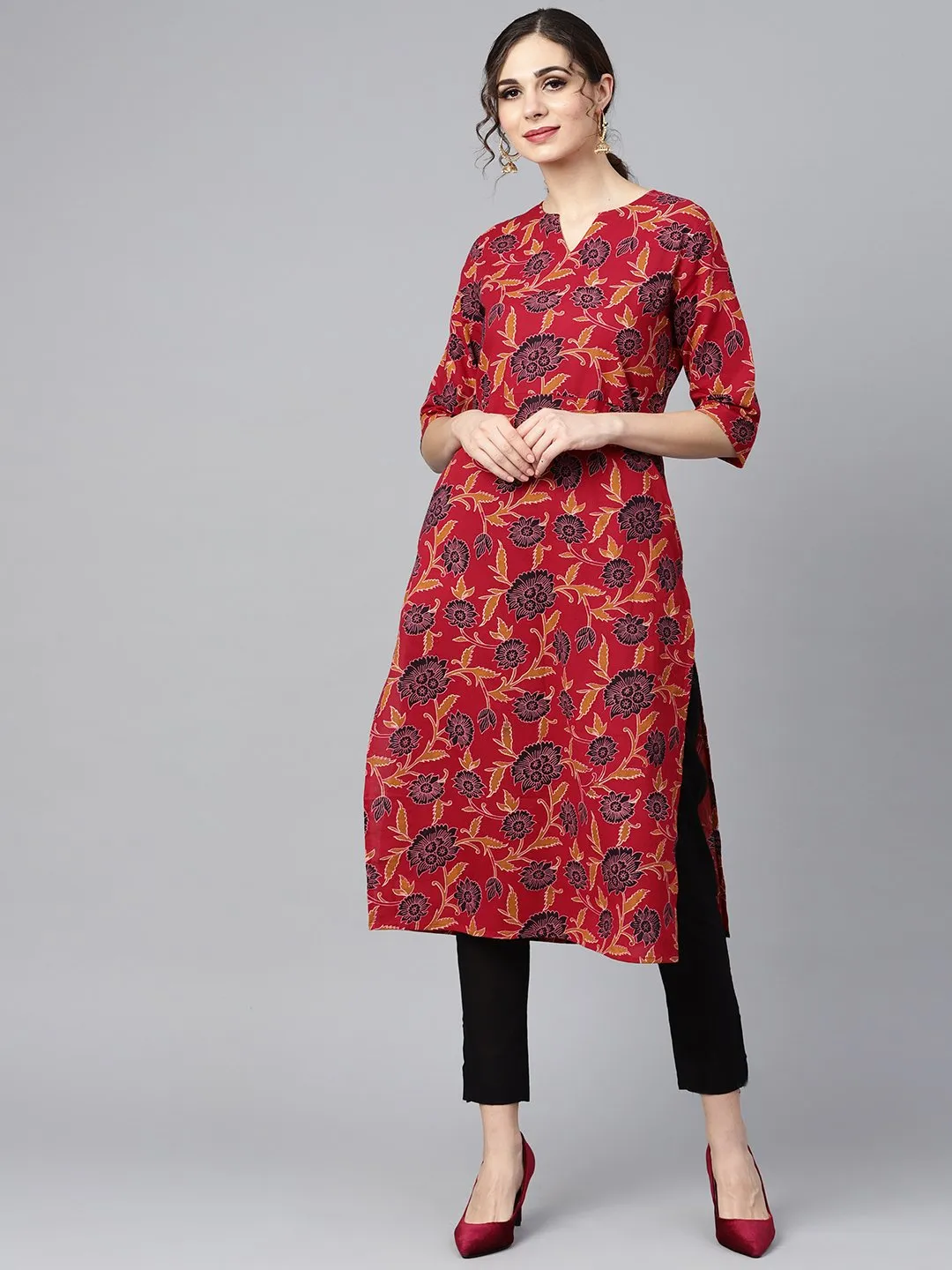 Maroon Floral Printed 3/4Th Sleeve Straight Kurta With Solid Black Cigerette Pants