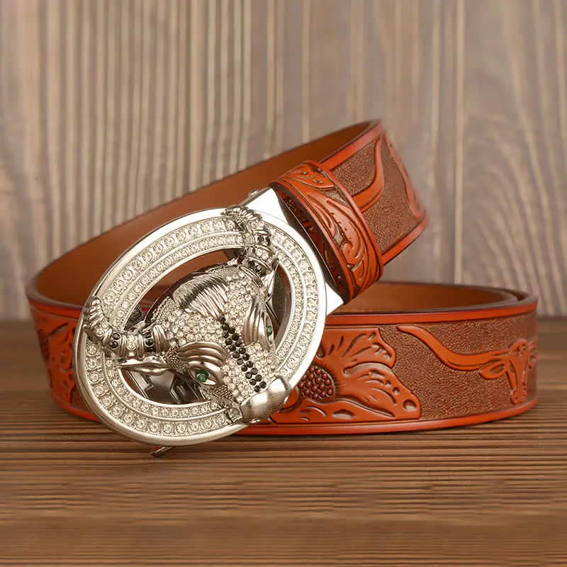 Men's Shinning Rhinestone Bull Automatic Buckle Leather Belt