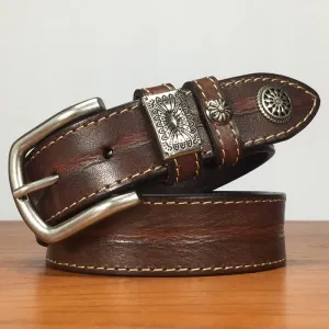 Men's Vintage Rivet Decor Full Grain Leather Belt