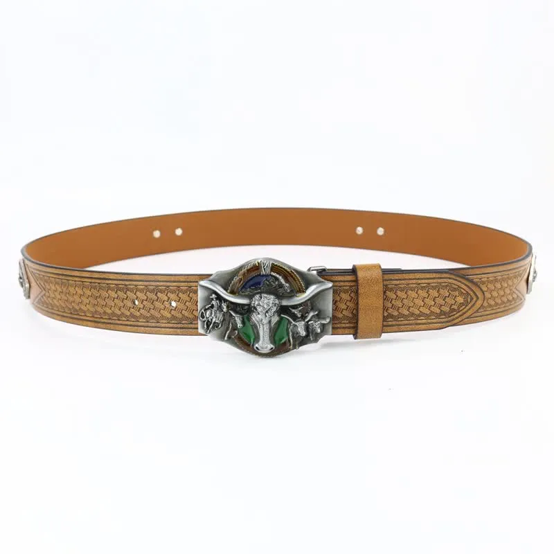 Men's Wild Texas Longhorn Bull Head Leather Belt