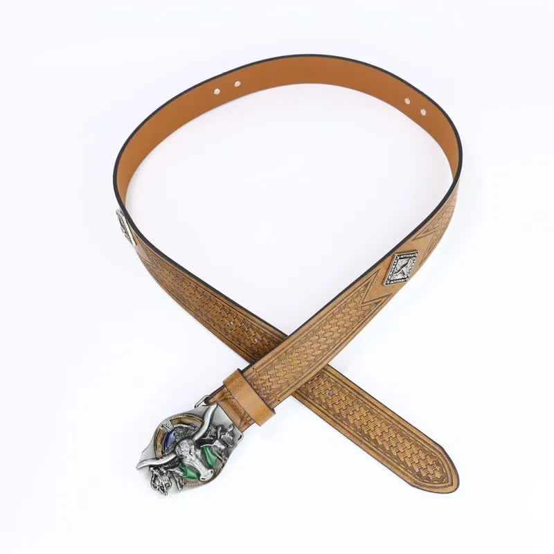 Men's Wild Texas Longhorn Bull Head Leather Belt