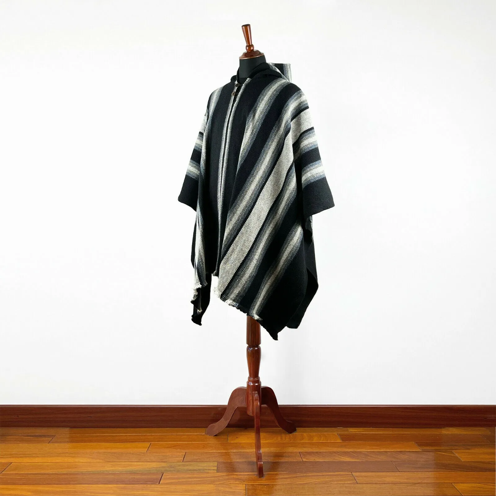Miasi - Llama Wool Unisex South American Handwoven Thick Hooded Poncho - striped - black