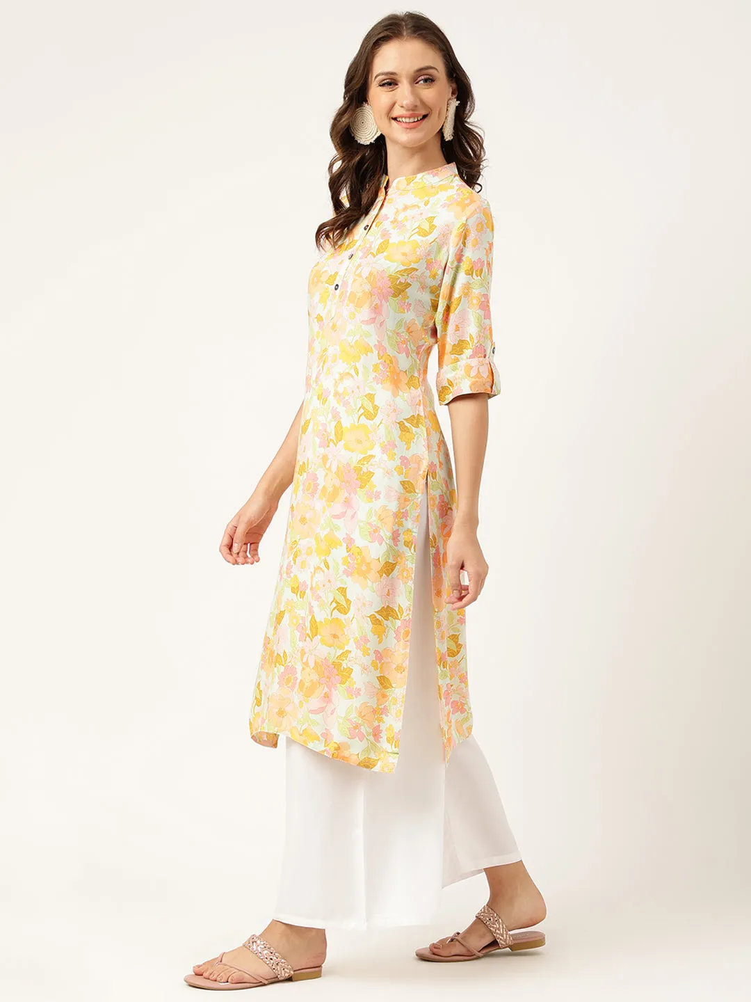 Multi Colored Floral Digital Printed Straight Fold Sleeve Kurta