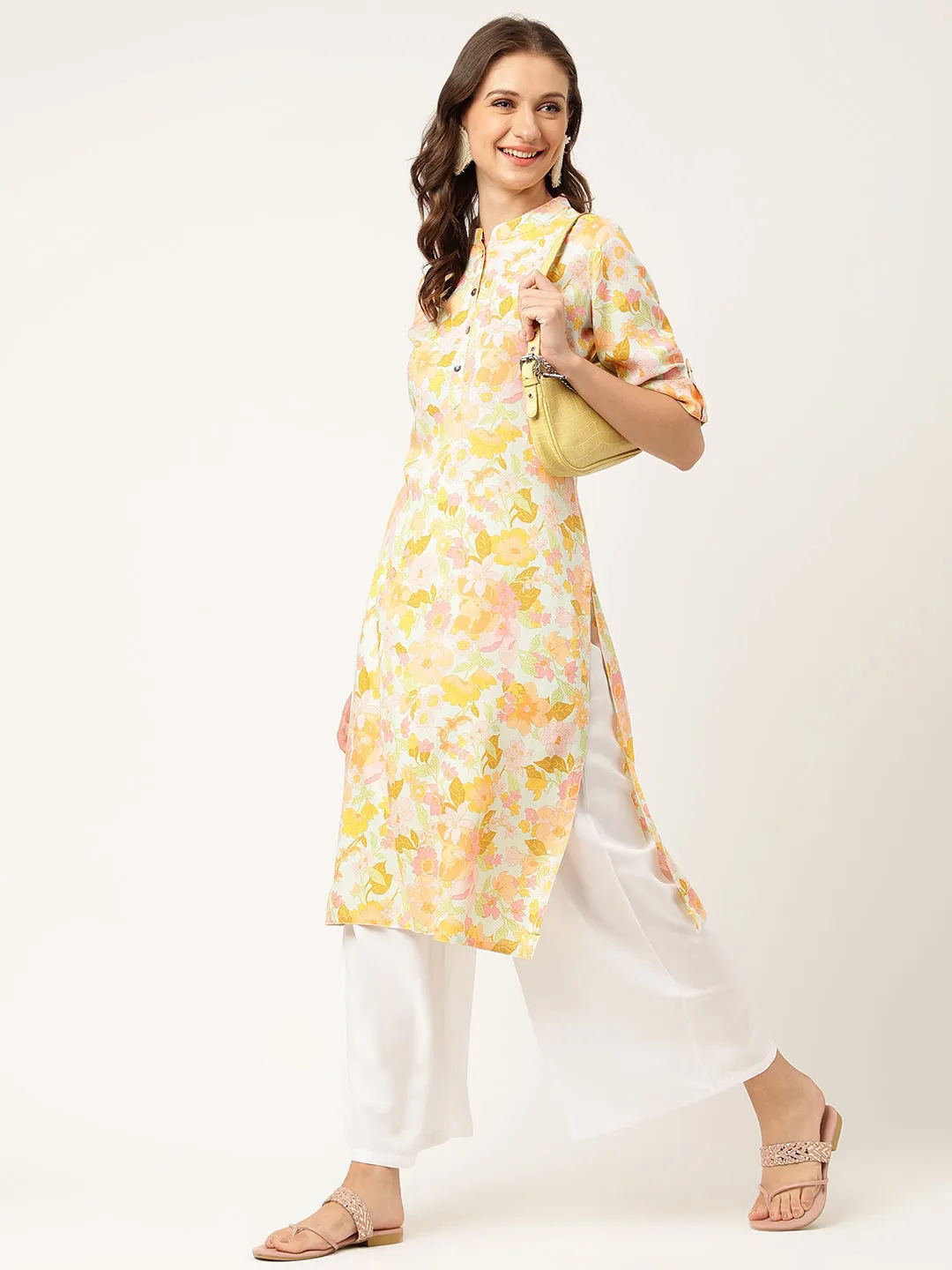 Multi Colored Floral Digital Printed Straight Fold Sleeve Kurta