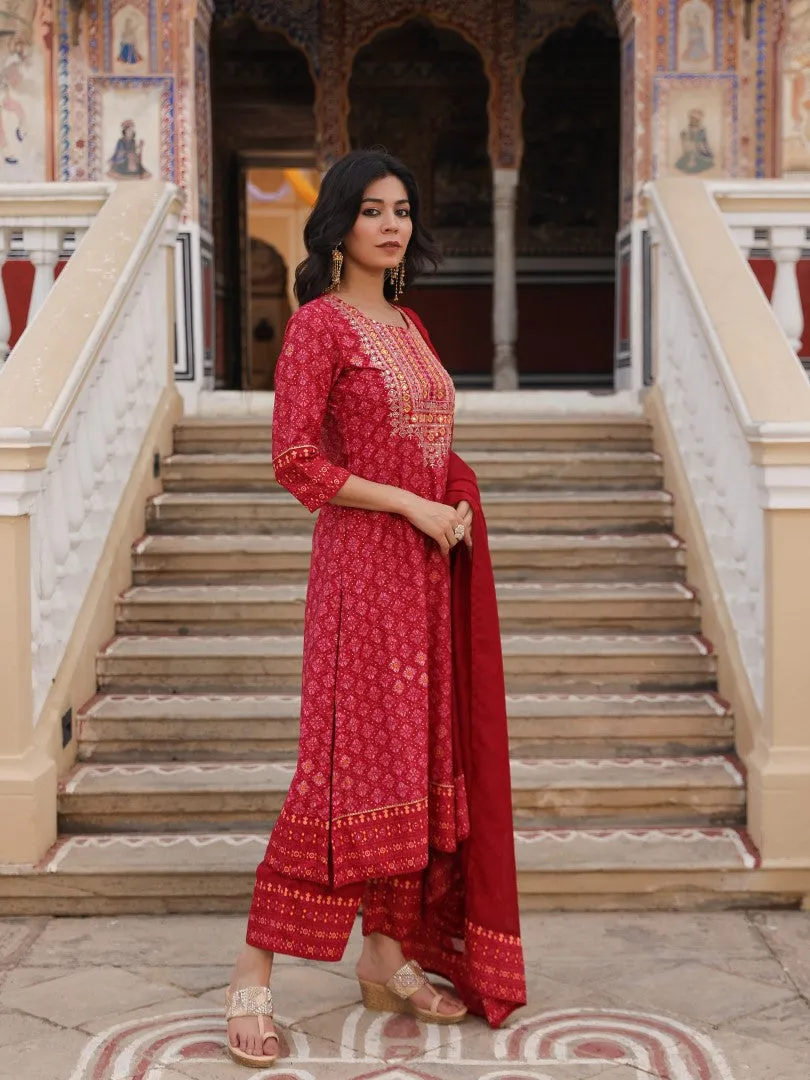 Red Ethnic Motif Printed Polycotton Kurta Pant And Dupatta Set With Thread Zari Work & Sequins