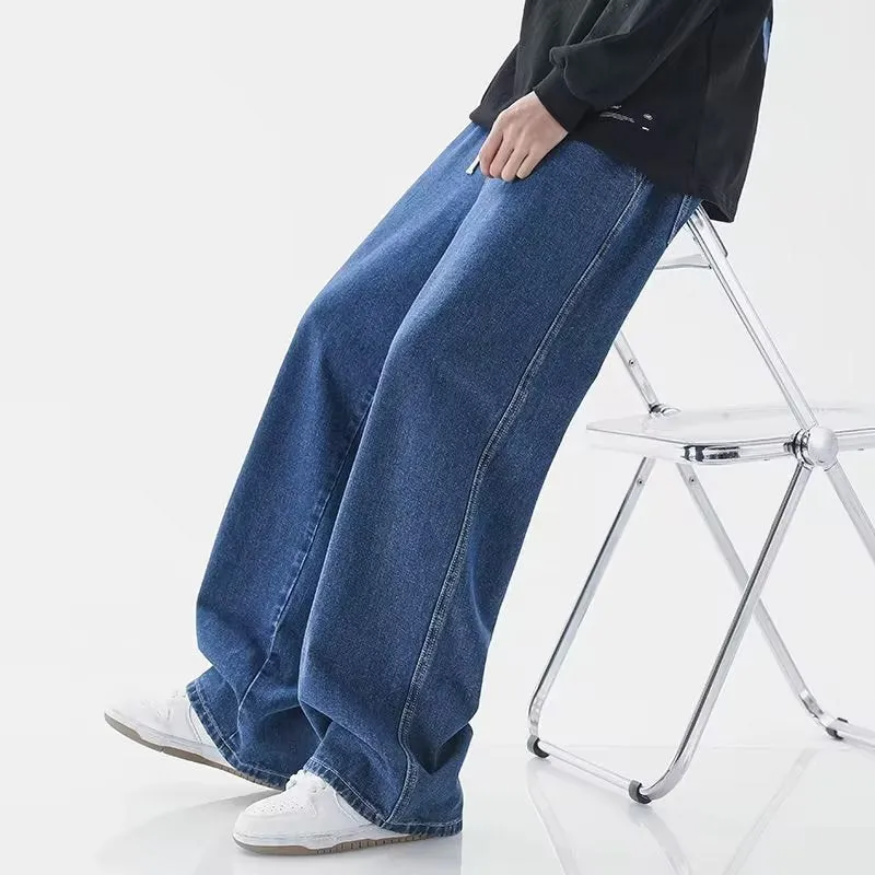 Retro High Street Washed Distressed Pants Loose Wide Leg Pure Color Simple Casual All-Matching Jeans Pants Men's Fashionable Trousers