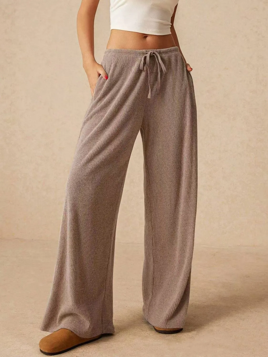 Ribbed Drawstring Wide Leg Pants