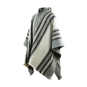 Shaime - Llama Wool Unisex South American Handwoven Thick Hooded Poncho - striped - grey