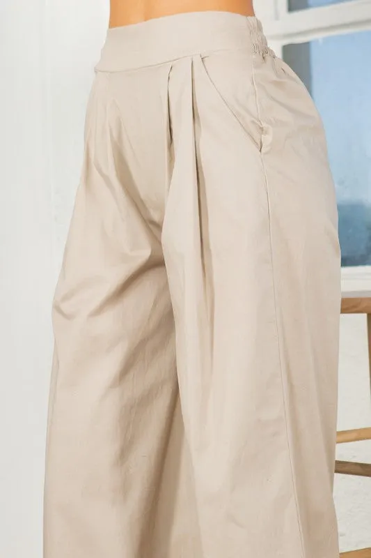 TEEK - Khaki Cotton Wide Leg Side Pocketed Pants