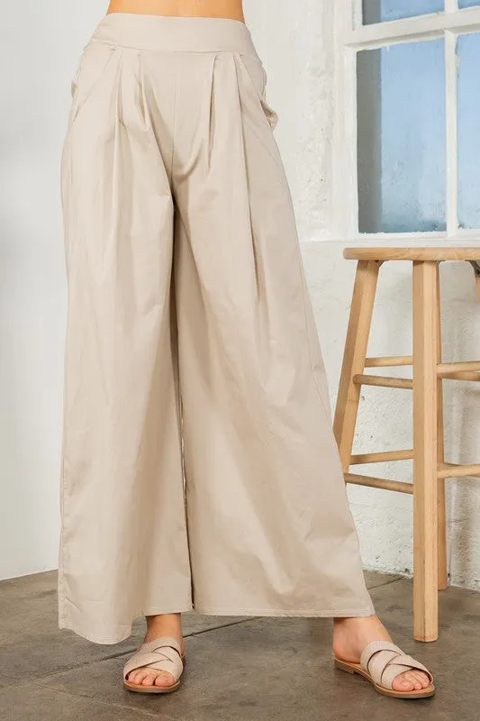 TEEK - Khaki Cotton Wide Leg Side Pocketed Pants