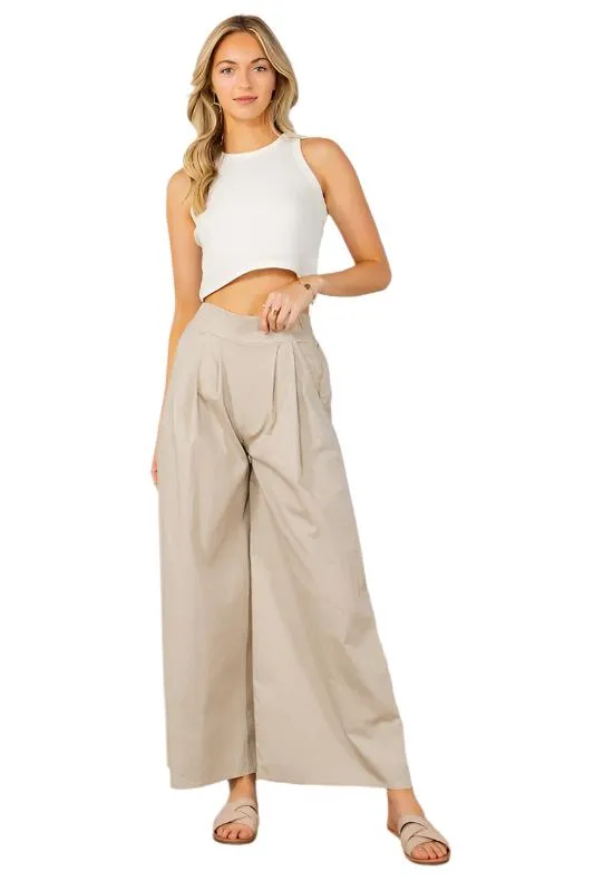 TEEK - Khaki Cotton Wide Leg Side Pocketed Pants