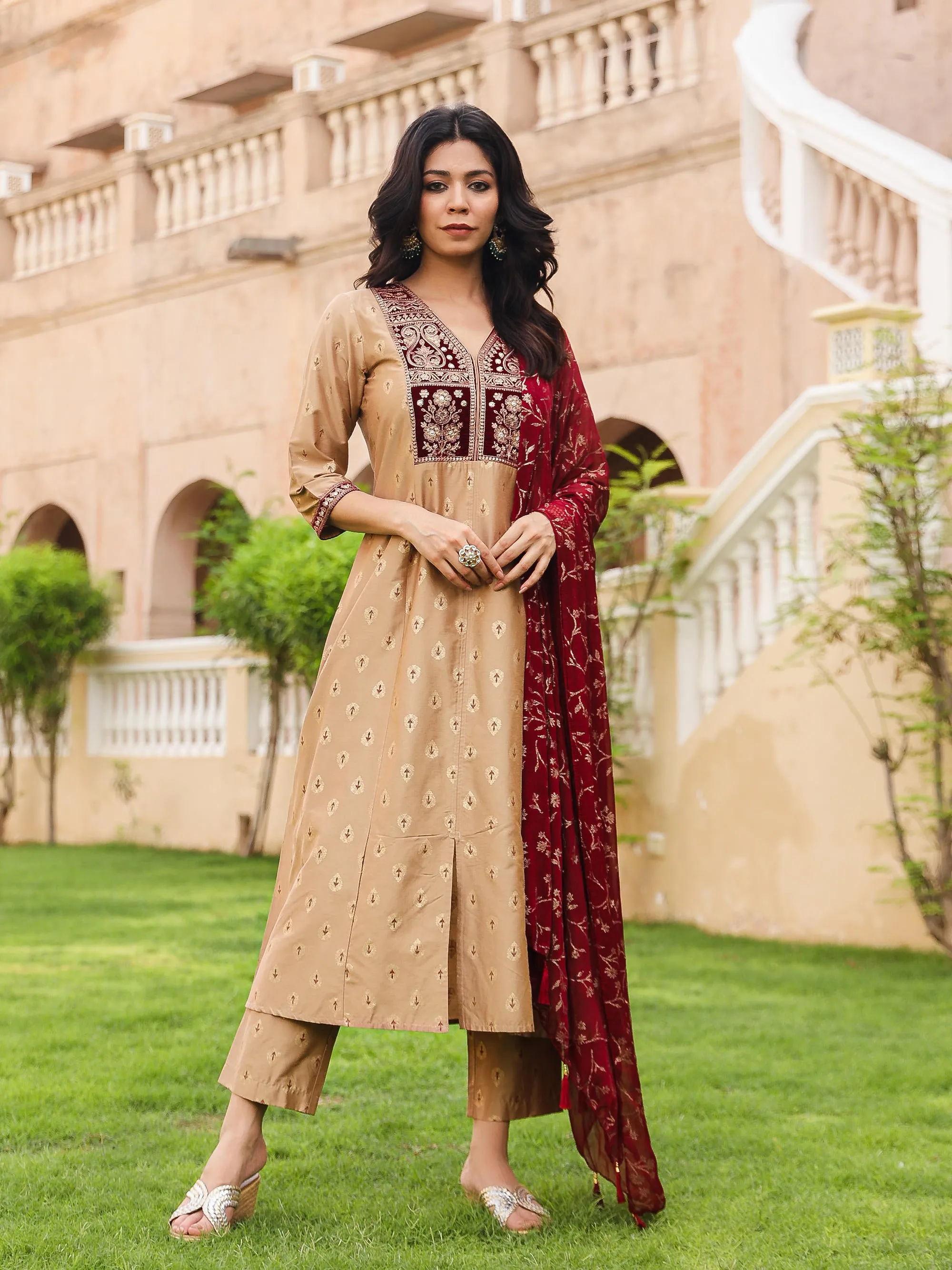 The Swarn Gold Ethnic Motif Printed Cotton Kurta Pant And Dupatta With Zari & Mirror Work