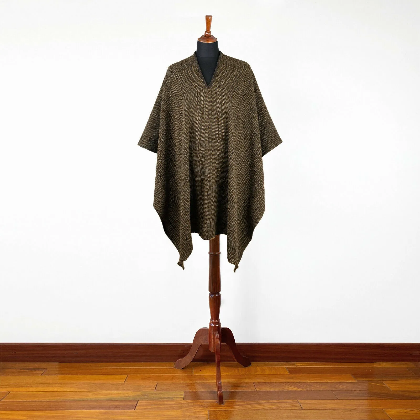 Tzunantza - Llama Wool Unisex South American Handwoven Thick Serape Poncho - solid brown - coffee beans pattern