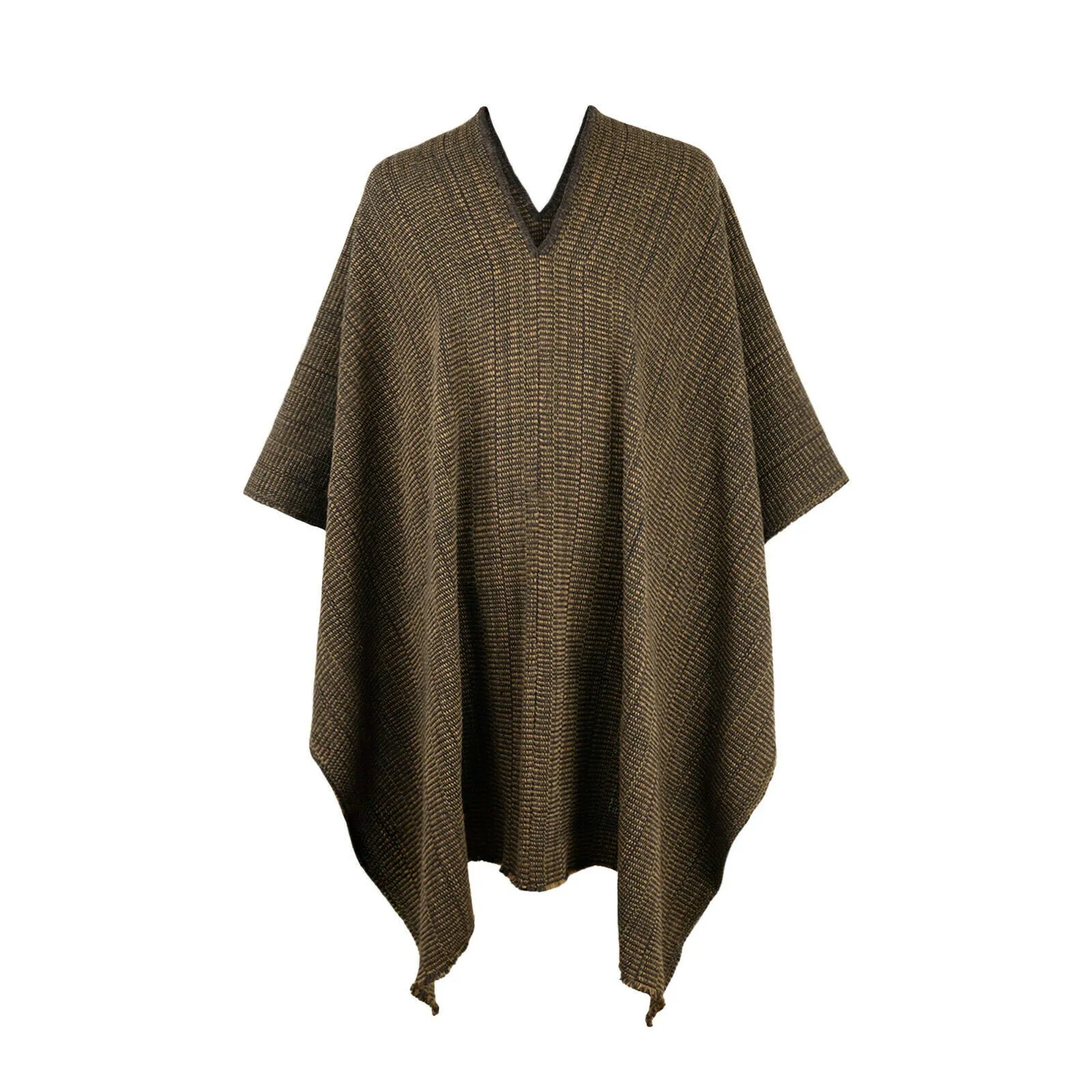 Tzunantza - Llama Wool Unisex South American Handwoven Thick Serape Poncho - solid brown - coffee beans pattern