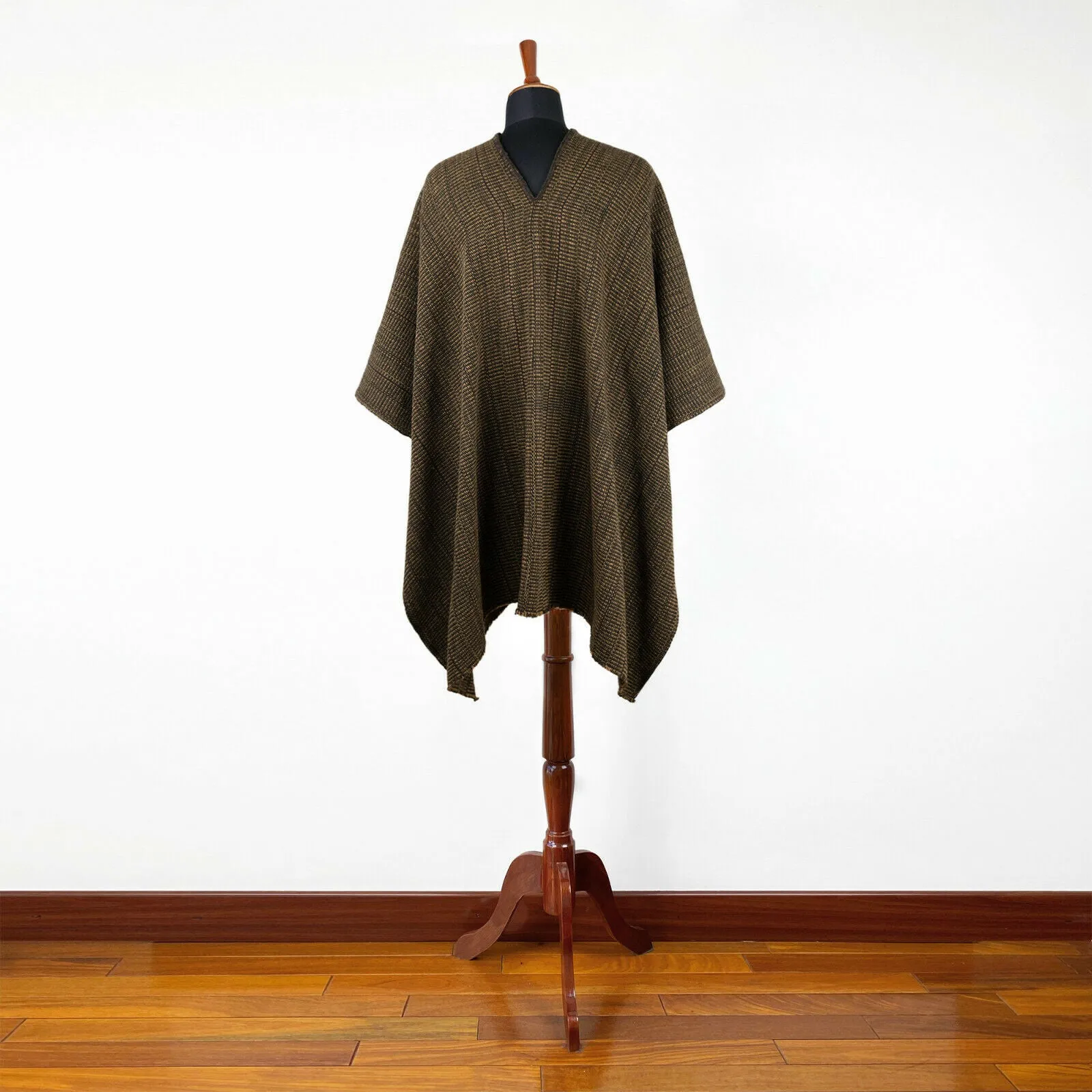 Tzunantza - Llama Wool Unisex South American Handwoven Thick Serape Poncho - solid brown - coffee beans pattern