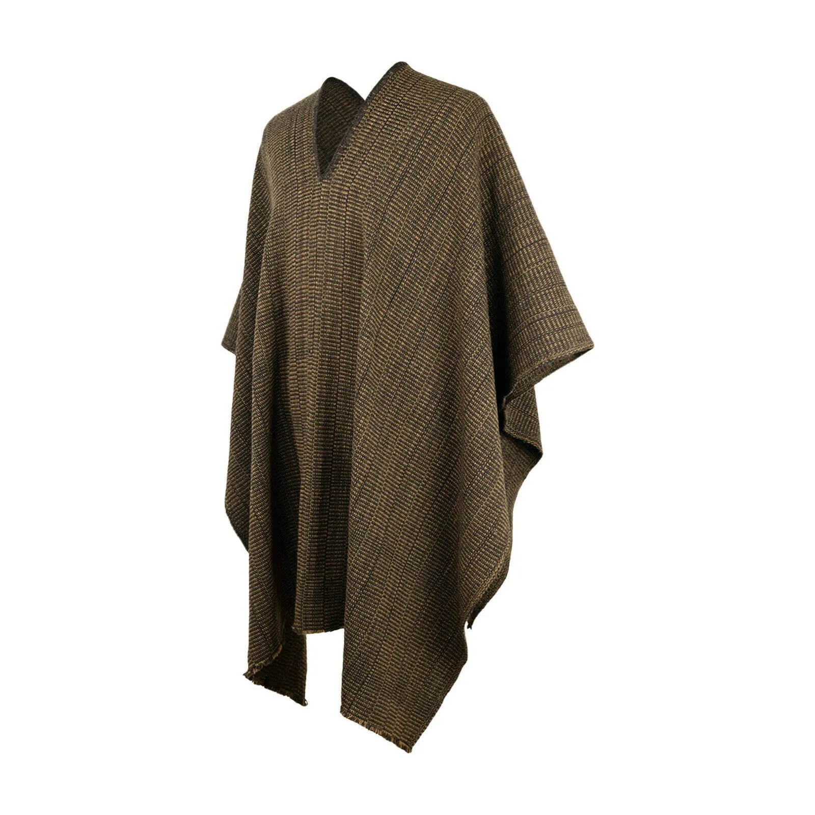 Tzunantza - Llama Wool Unisex South American Handwoven Thick Serape Poncho - solid brown - coffee beans pattern