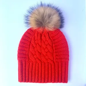 UP for ANYTHING 100% Pure Merino Wool Jumbo Cable & Fancy Rib Beanie with detachable Raccoon Fur Pom Pom, Saucy