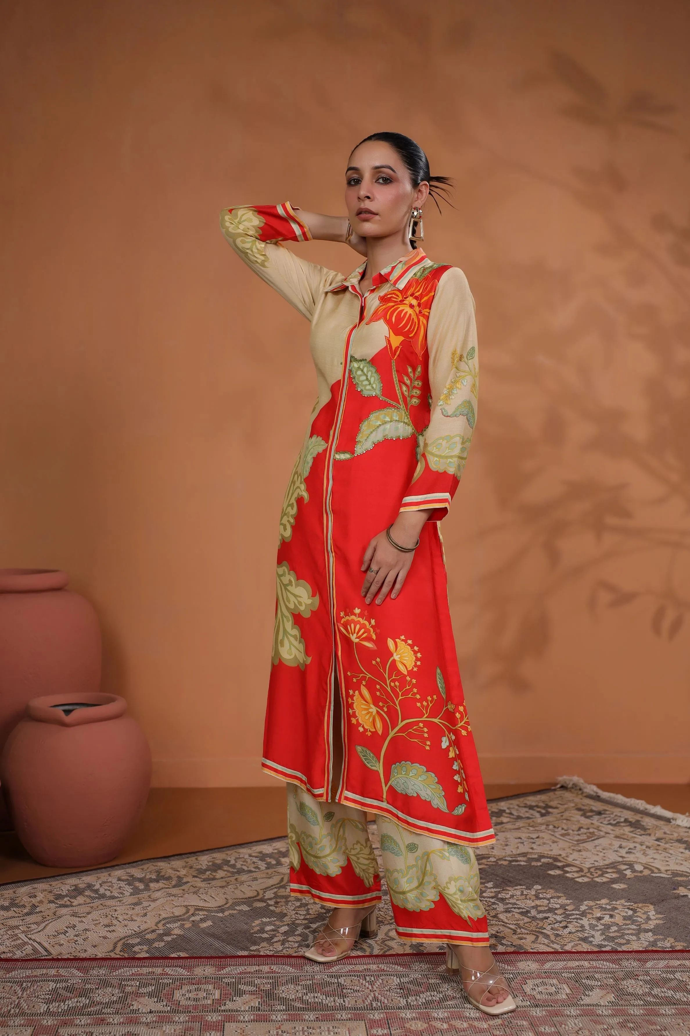 Vibrant Orange Printed Muslin Silk Kurta Set