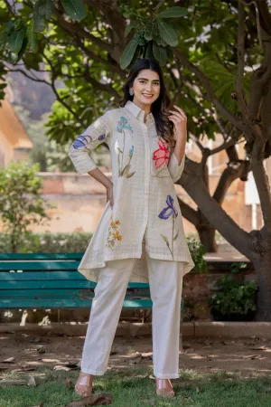 White Floral Printed Cotton Linen Silk Co-Ord Set