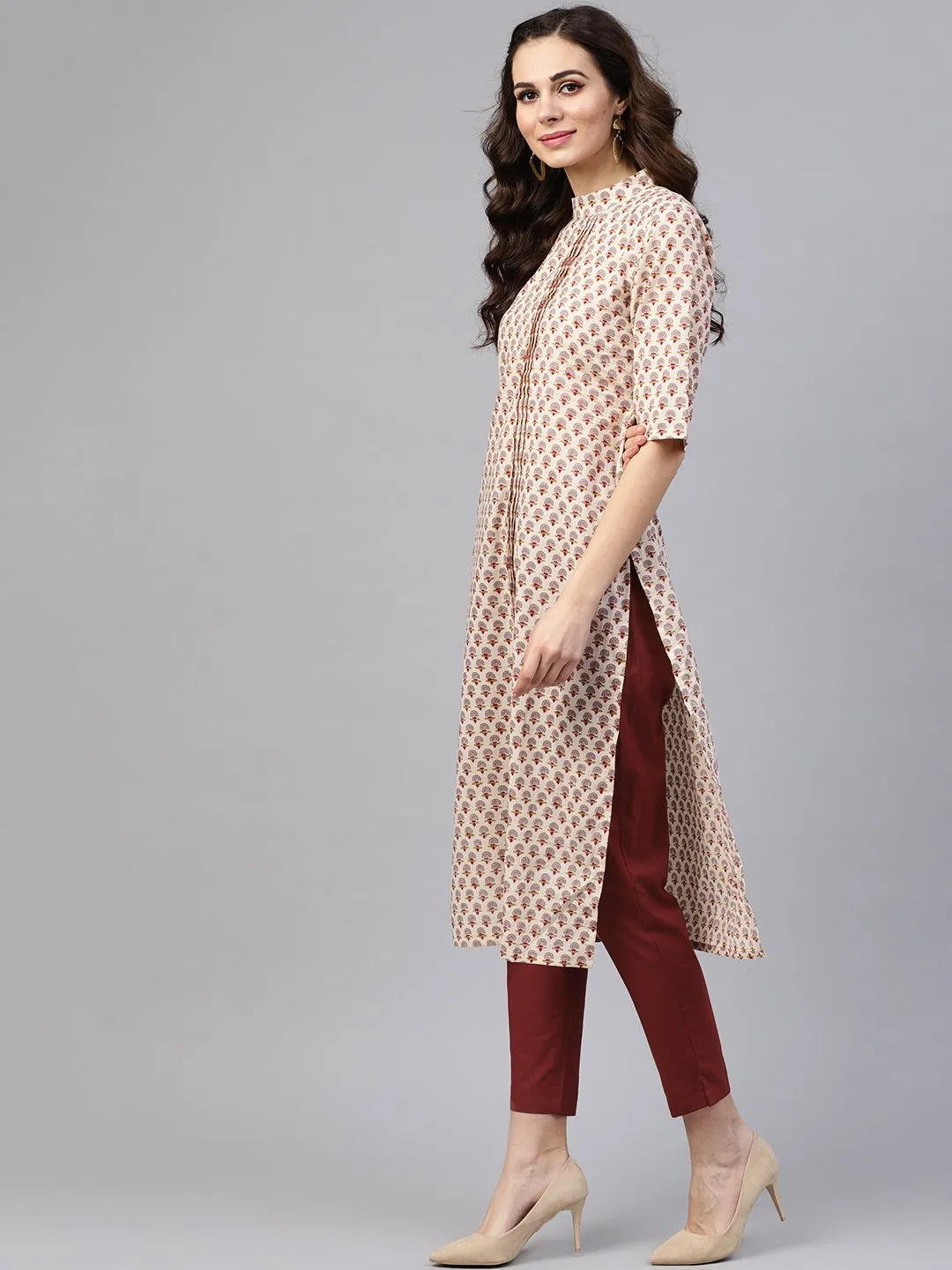 White Printed Closed Collar With Back Slit Opening 3/4Th Sleeve Front Pleated Kurta With Side Pockets With Solid Ciggratte Pants