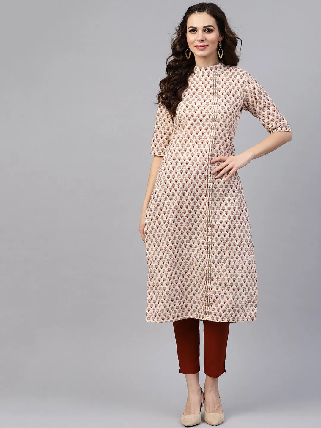 White Printed Closed Collar With Back Slit Opening 3/4Th Sleeve Front Pleated Kurta With Side Pockets With Solid Ciggratte Pants