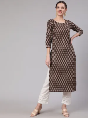 Women Brown Ethnic Printed Straight Kurta With Three Quarter Sleeves