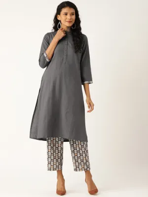 Women Grey Floral Straight Kurta With Pants