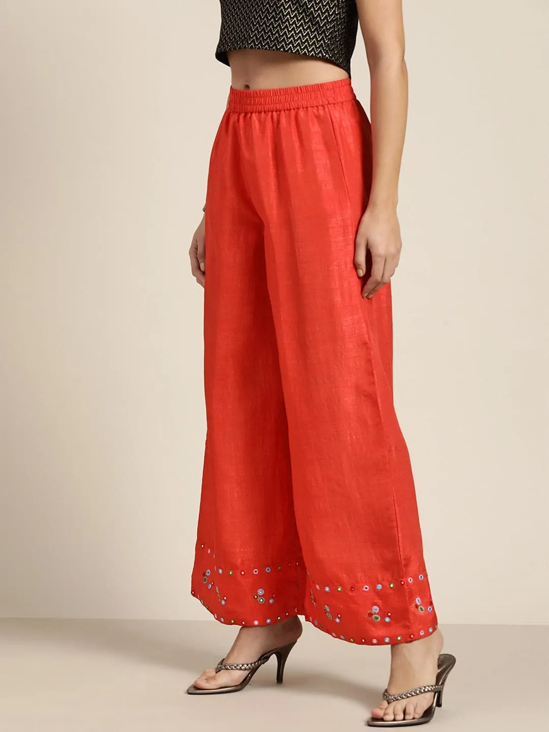 Women Orange Mirror Embroidered Palazzo Pants