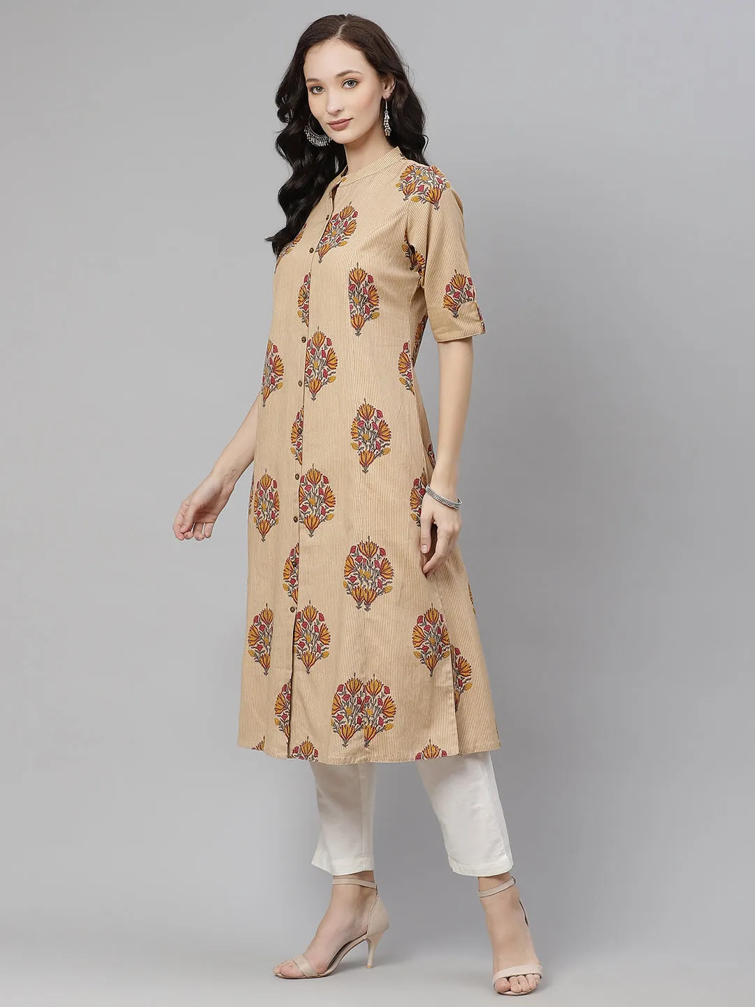 Women'S Beige Color Cotton Printed A-Line Kurta