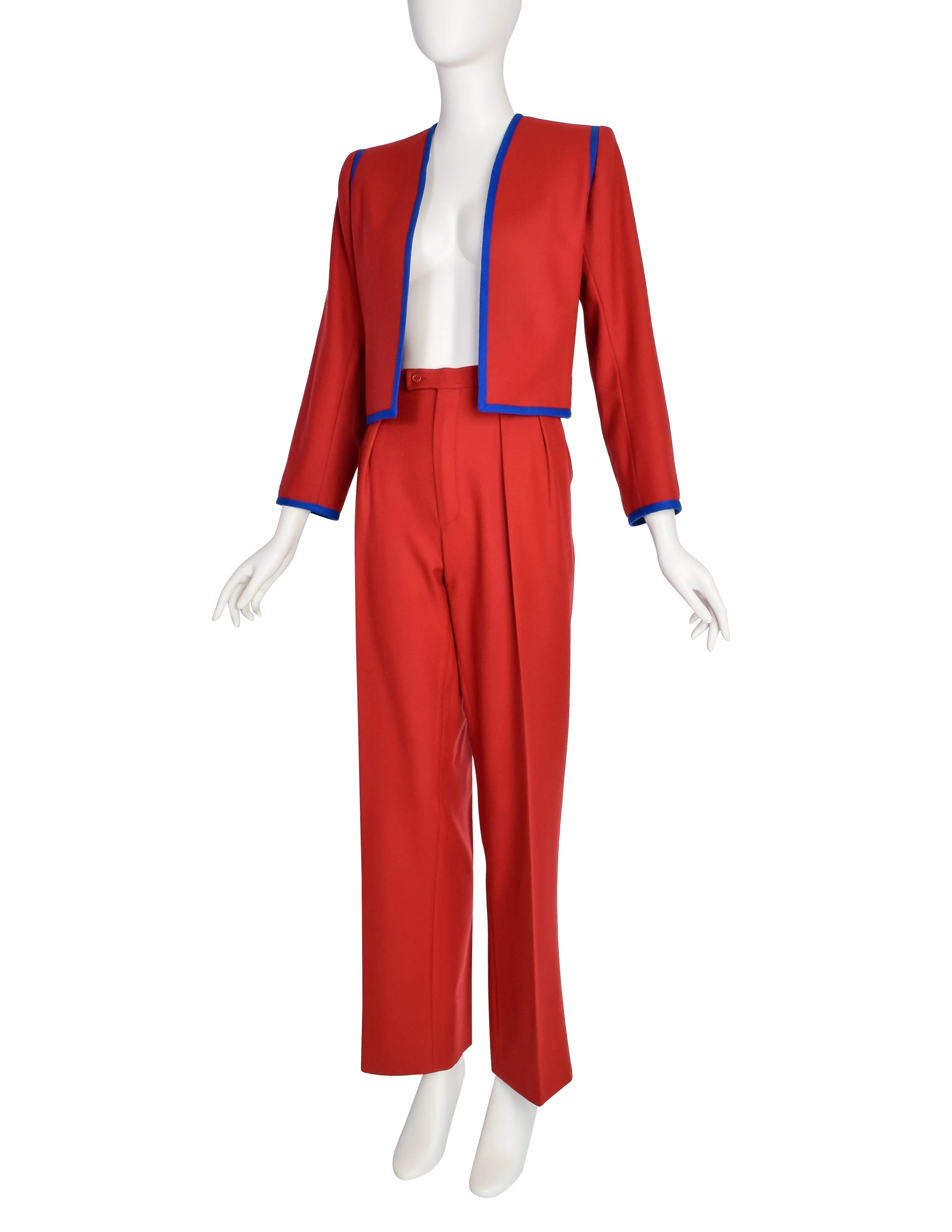 Yves Saint Laurent Vintage Red Wool Blue Trim Two Piece Cropped Jacket Pant Suit