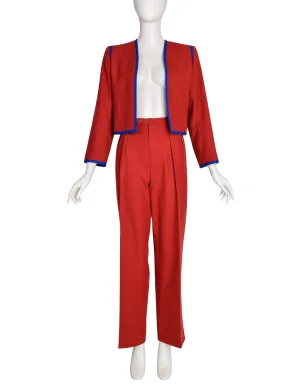 Yves Saint Laurent Vintage Red Wool Blue Trim Two Piece Cropped Jacket Pant Suit